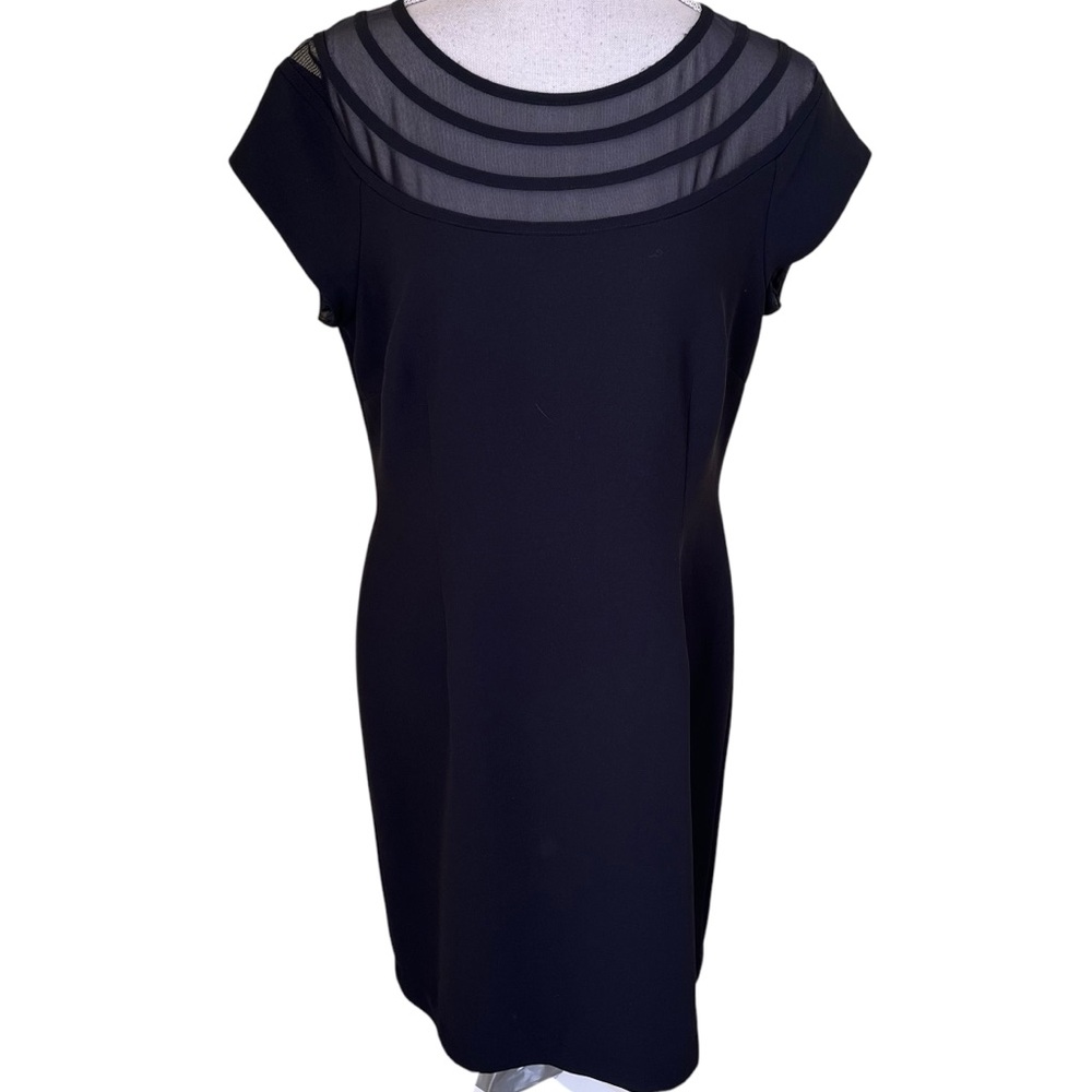 Talbots Vintage Black Short Sleeve Sheath Dress with Curved Illusion Neckline12P